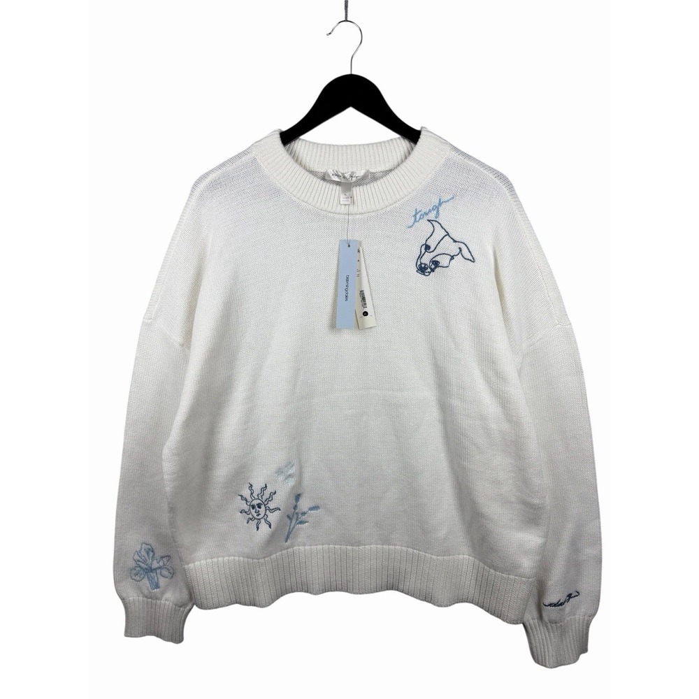 NWT AQUA x Ava Phillippe Embroidered Cream Crewneck Cotton Sweater Women's XL